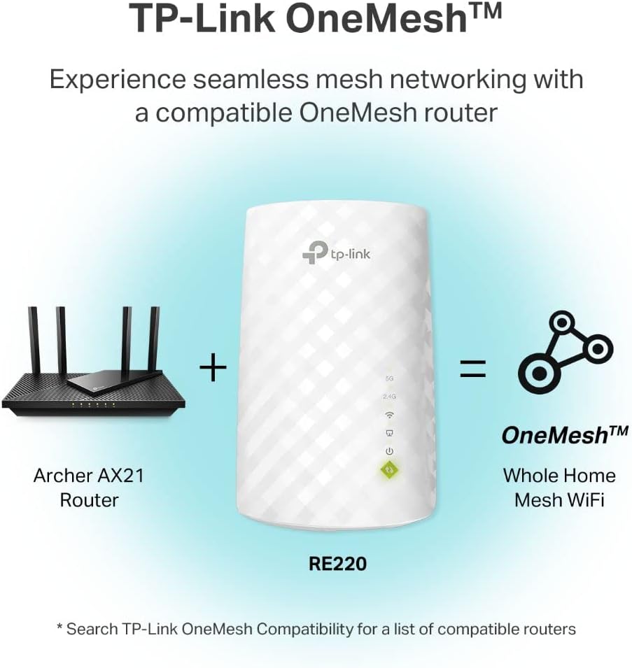 TP-Link WiFi Extender with Ethernet Port, Dual Band 5GHz/2.4GHz , Up to 44% More Bandwidth than Single Band, Covers Up to 1200 Sq.ft and 30 Devices, Signal Booster Amplifier Supports OneMesh(RE220)