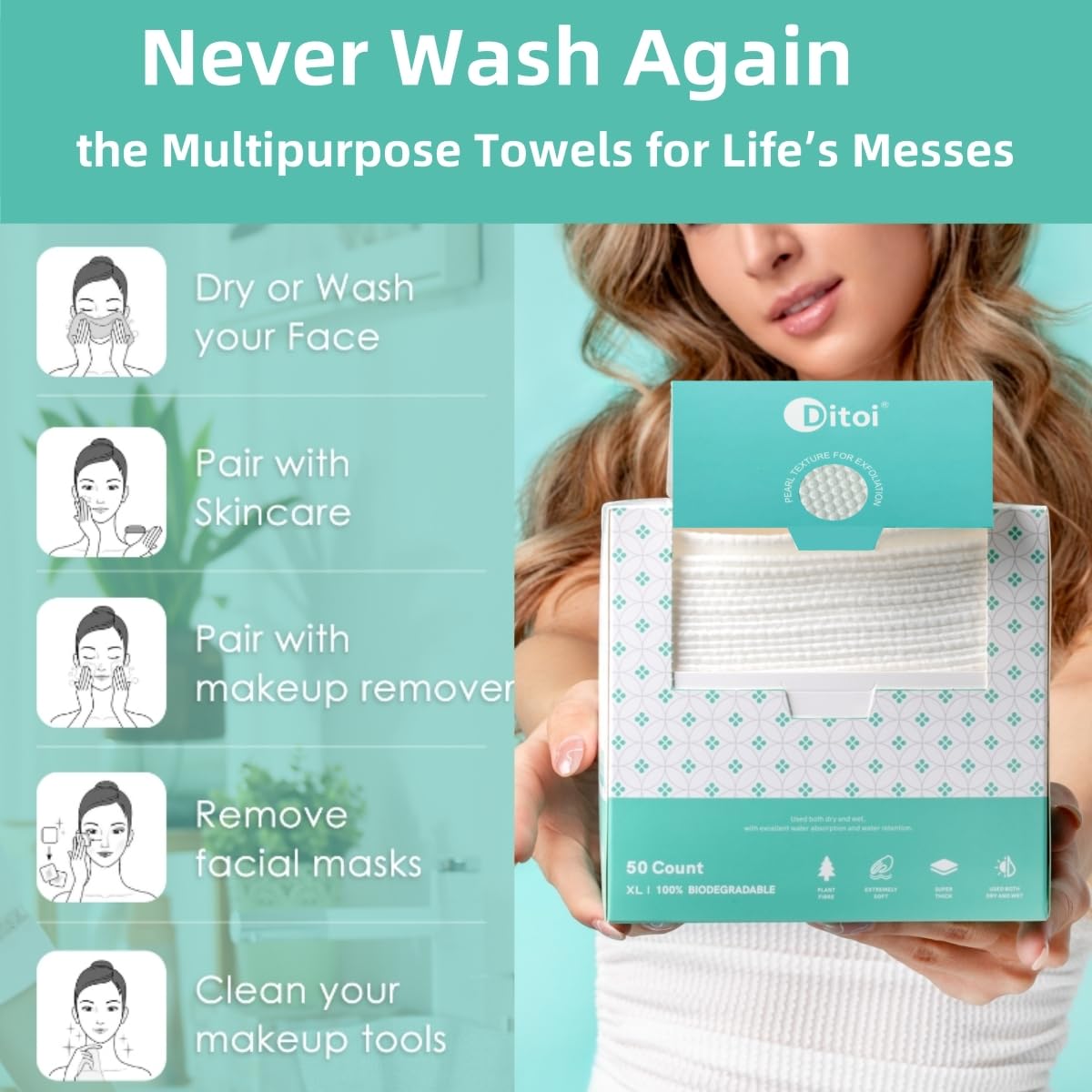 Ultra Thick Disposable Face Towels, Lint-Free Wipes for Makeup Removal, 50 Count