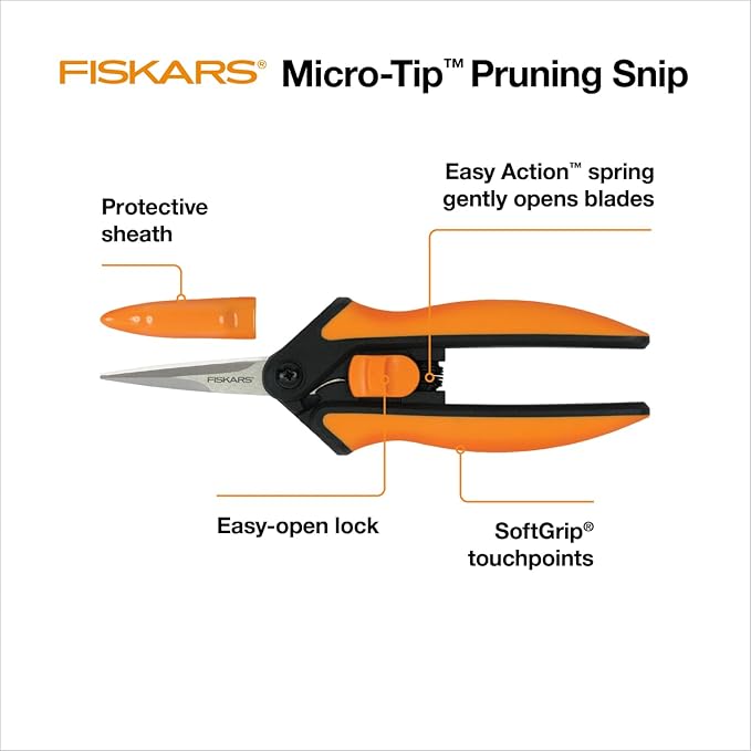 Fiskars Micro-Tip Pruning Snips - 6" Garden Shears with Sheath and Comfort Grip - Sharp Steel Blades - Quality Pruning Shears for Plants in Grow Tents and Hydroponics - Garden Tools