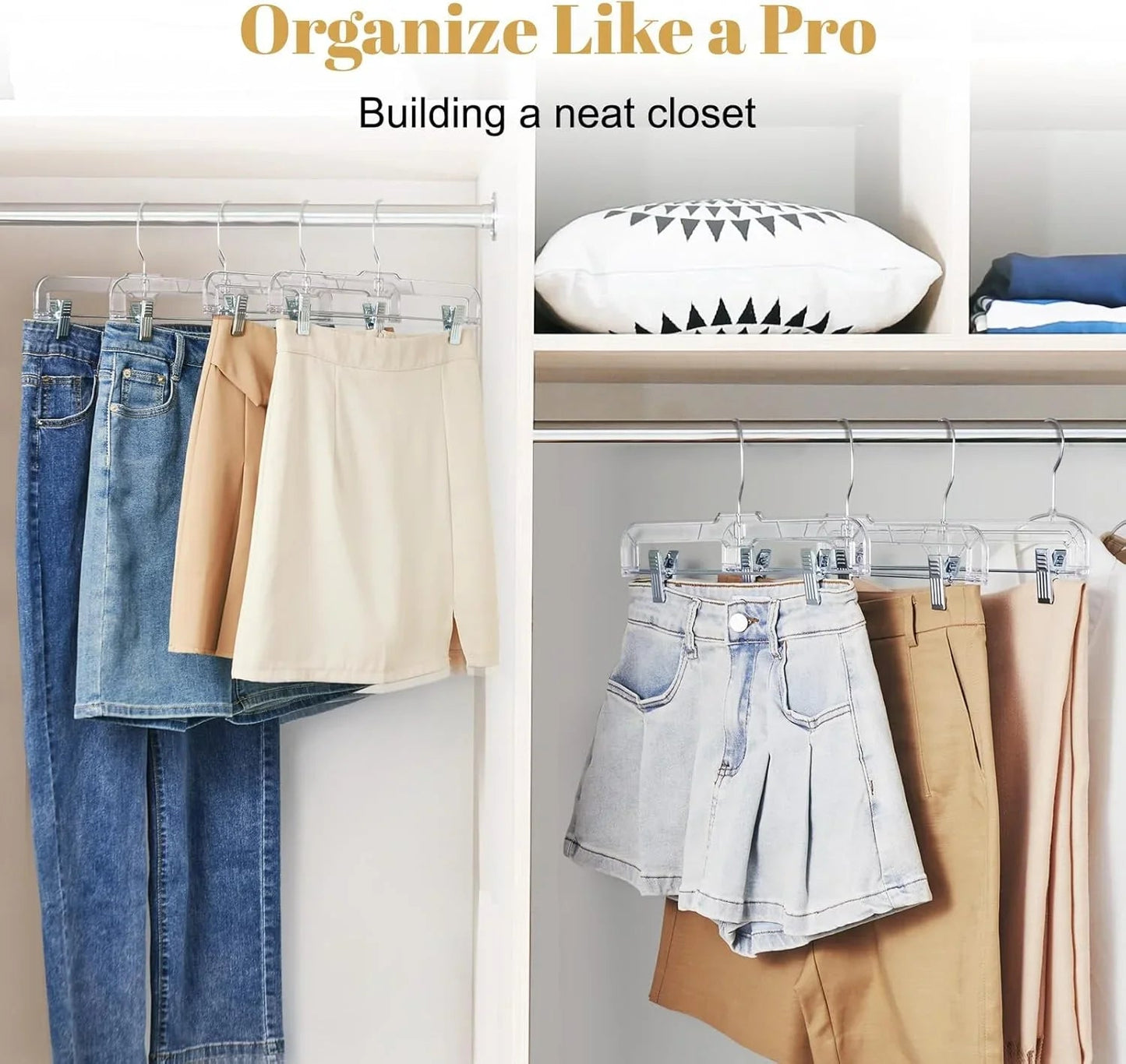 HOUSE DAY 12-Pack 14" Clear Plastic Skirt Hangers with Clips & Swivel Hook