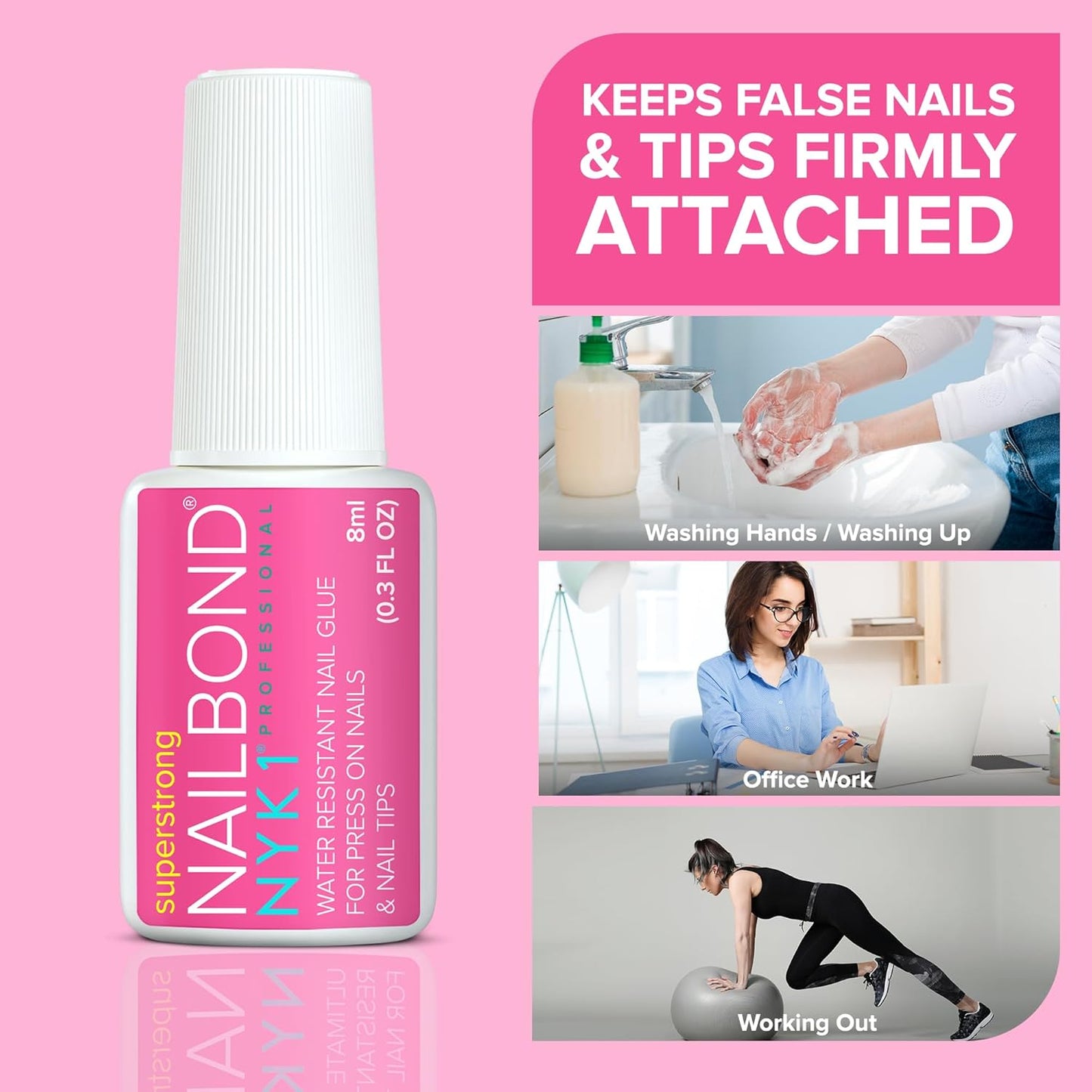 Super Strong Nail Glue for Press On Nails, Nail Tips & Acrylic Nails (8ml) NYK1 NailBond Brush On Glue for Press Ons, Tips & Acrylics - Long Lasting, Maximum Strength, Mess-Free Application