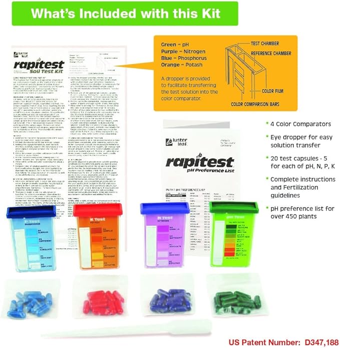 Rapitest Soil Test Kit for Gardens, Vegetables, Flowers and Lawns. USA designed and assembled soil tester completely, quickly and accurately measures/analyzes soil pH acidity and garden nutrients.
