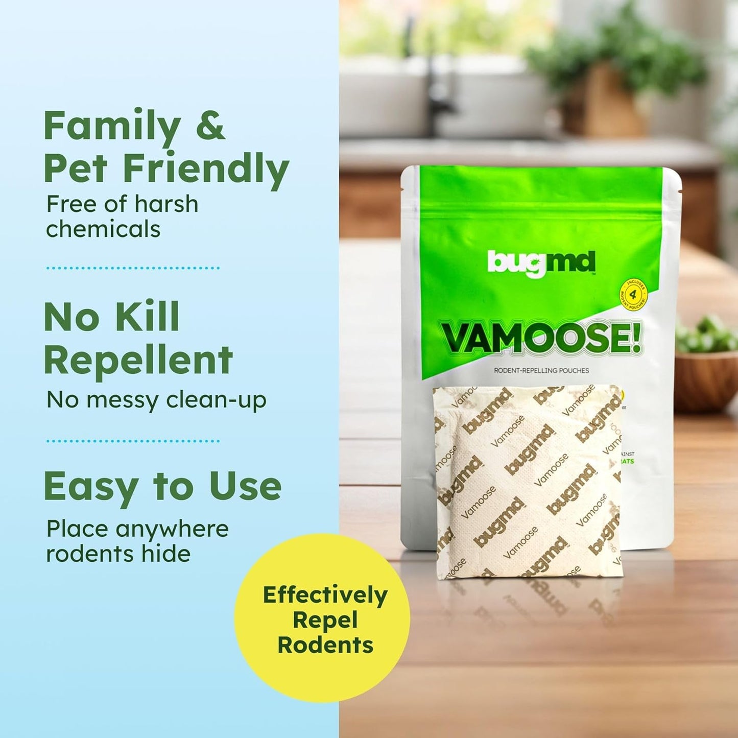 BugMD Vamoose Rodent Repellent Pouches (1 Pack, 4 Pouches) Plant-Powered Rat Repellent, Mouse Deterrent, Indoor & Outdoor Mice Repellent, Best Mouse Repellent, Natural Rat & Mouse Repellent