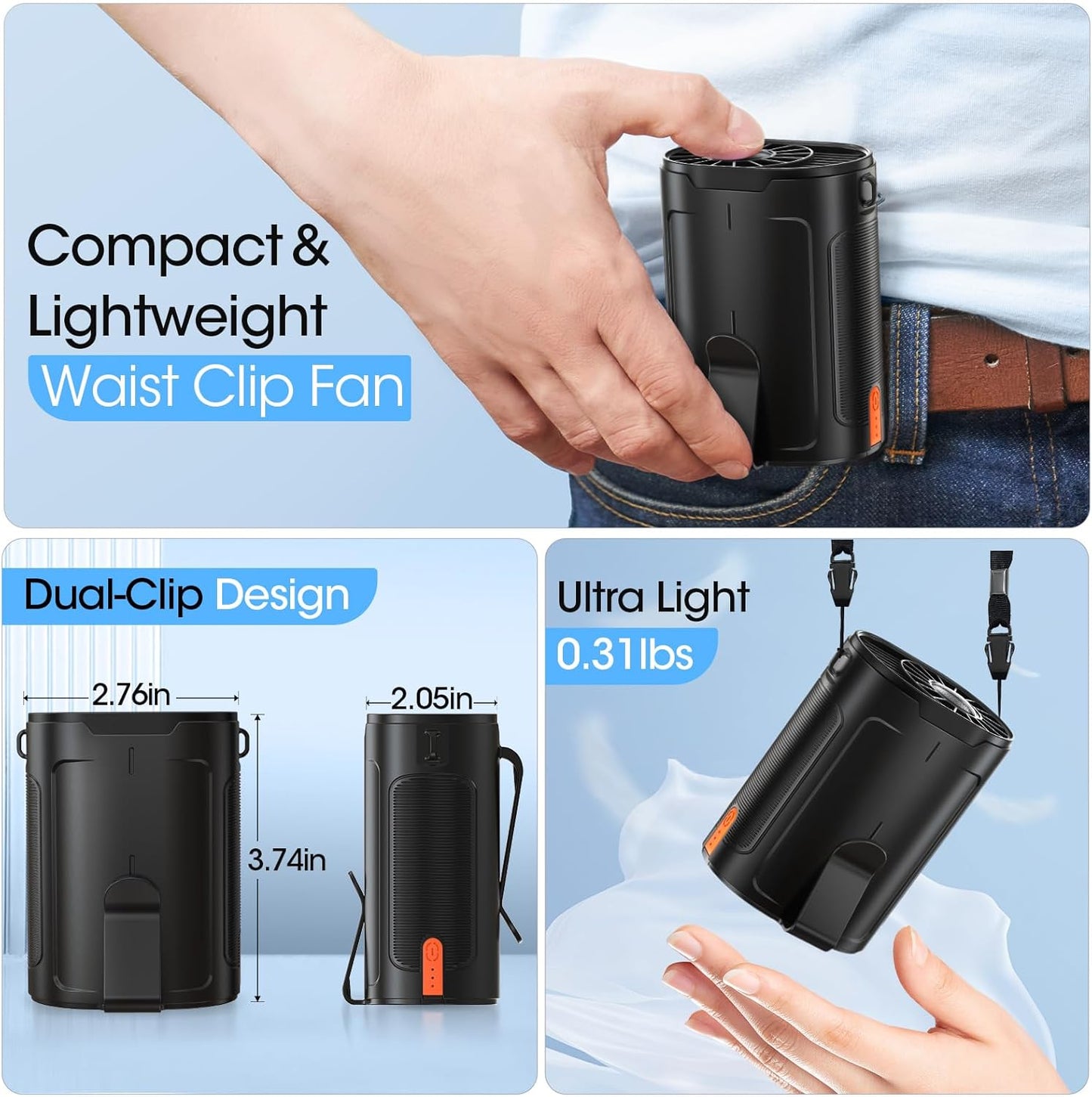 2025 AI Portable Fan Rechargeable, 4 Speeds 6600RPM Strong Airflow, Personal Waist Fan with up to 25H of Working Time, Hands-Free Hanging Neck Fan, Wearable Belt Fan for Camping, Outdoor, Jobsite