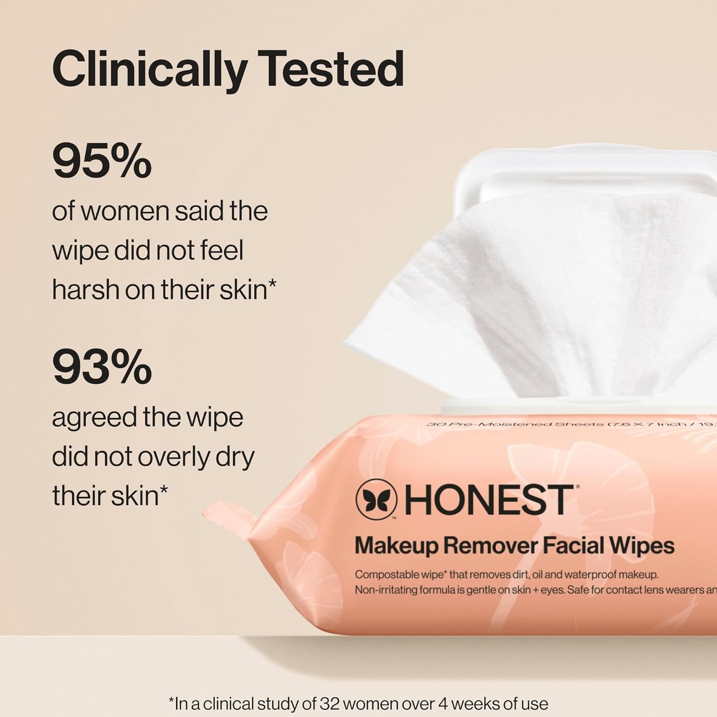 Honest Beauty Fragrance-Free Makeup Remover Wipes | Hypoallergenic, Plant-Based, 30 Count