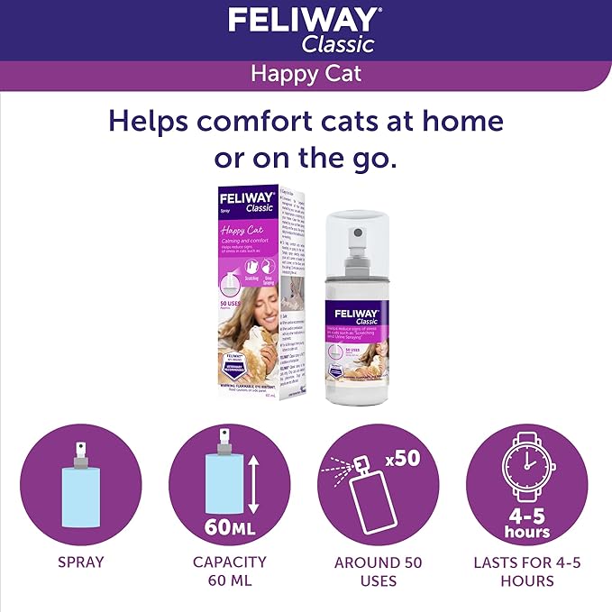 FELIWAY Classic Cat Calming Spray, 60ml - Comforts Cats at Home and On the Go and Helps to Calm During Travel
