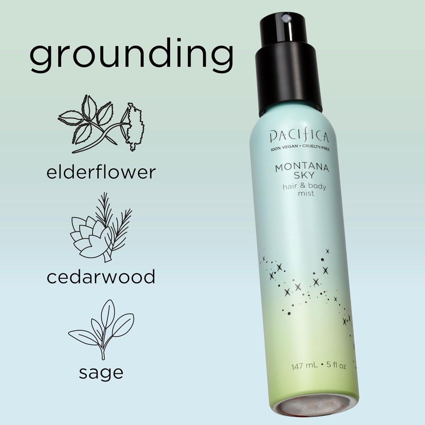 Pacifica Hair Mist Perfume & Full Body Spray for Women - Montana Sky Body Mist Fragrance w/Cedarwood, Elderflower, Black Pepper, Sage & Sandalwood Clean Beauty Alcohol-Free, Vegan & Cruelty-Free 5 oz