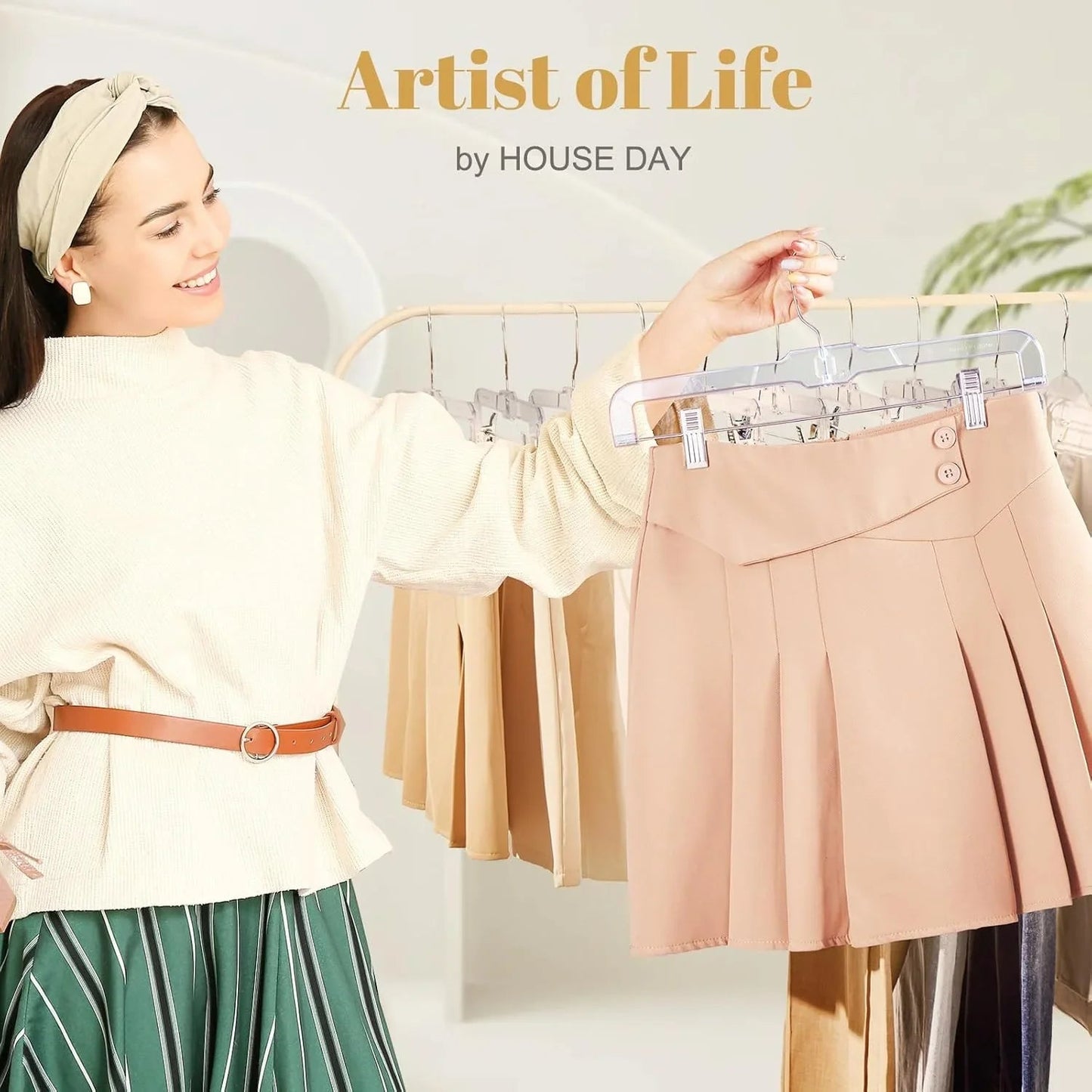 HOUSE DAY 12-Pack 14" Clear Plastic Skirt Hangers with Clips & Swivel Hook