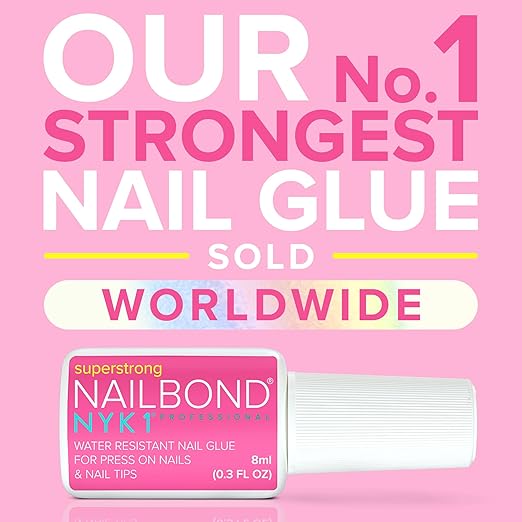 Super Strong Nail Glue for Press On Nails, Nail Tips & Acrylic Nails (8ml) NYK1 NailBond Brush On Glue for Press Ons, Tips & Acrylics - Long Lasting, Maximum Strength, Mess-Free Application