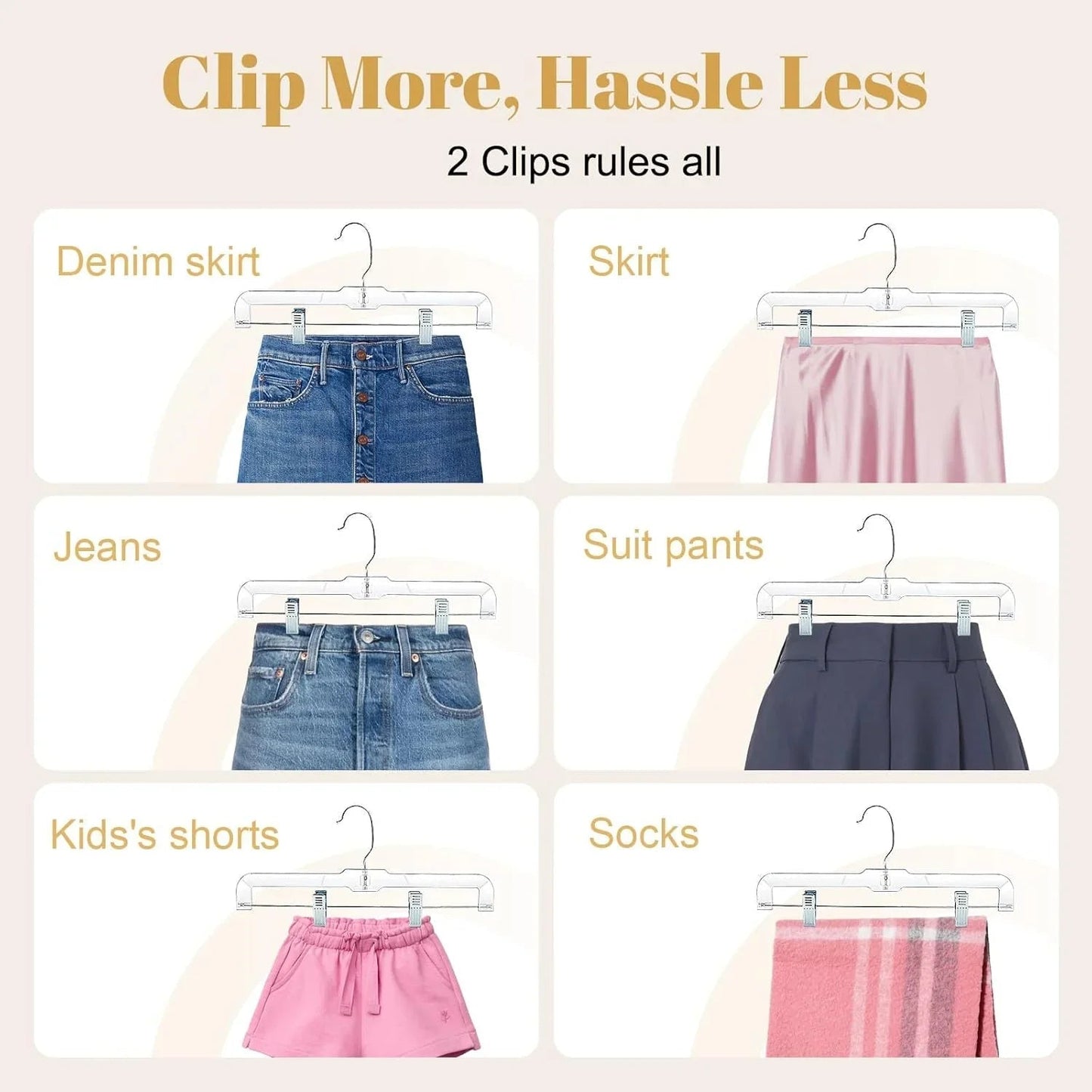 HOUSE DAY 12-Pack 14" Clear Plastic Skirt Hangers with Clips & Swivel Hook