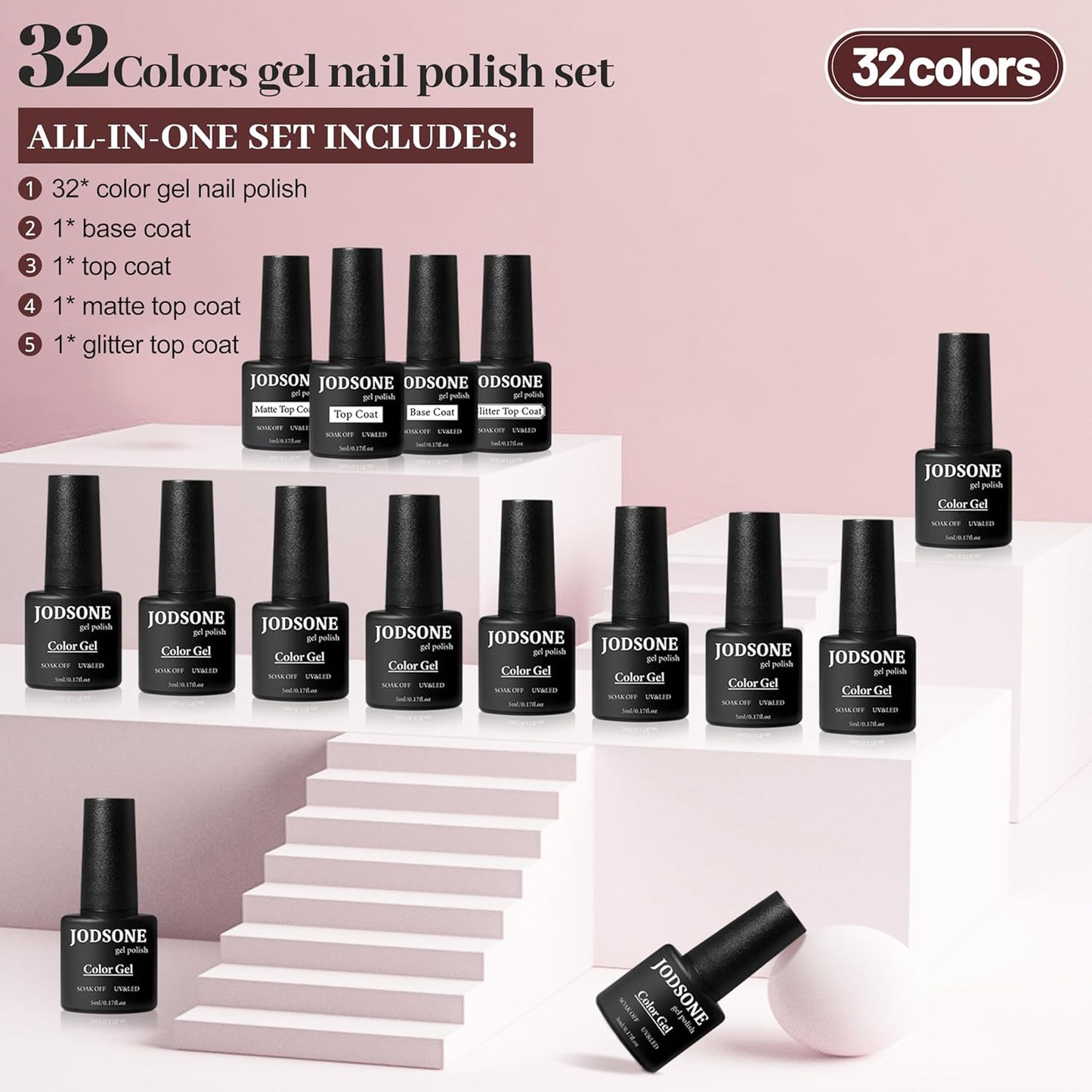 JODSONE 36 PCS Gel Nail Polish Set - 32 Colors, Base Coat, Top Coat, Gifts for Women