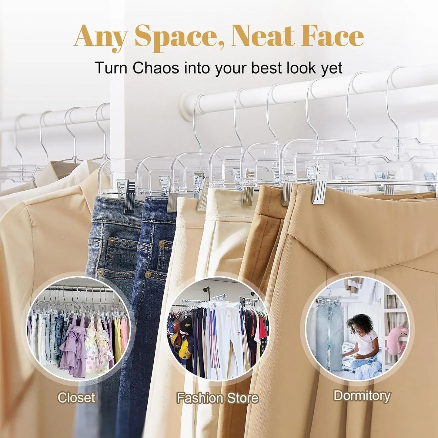 HOUSE DAY 12-Pack 14" Clear Plastic Skirt Hangers with Clips & Swivel Hook