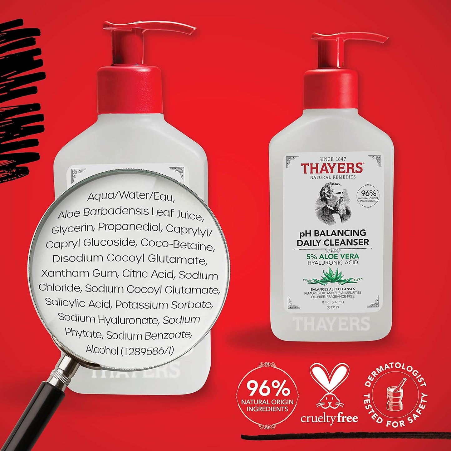 THAYERS pH Balancing Daily Cleanser, Face Wash with Aloe Vera 8 FL Oz.