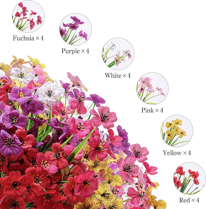 24 Bundles Artificial Flowers for Outdoor,No Fade Fake Plastic Flowers Faux Plants for Decoration Hanging Planters Indoor Outside Garden Porch Window Box Home Wedding Farmhouse