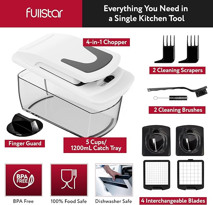 Fullstar Vegetable Chopper and Spiralizer - Food Chopper with Container, Fruit Slicer, Kitchen Gadgets & Accessories, Home Essentials (4 in 1, White)