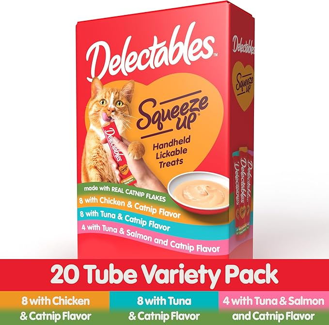 Delectables Squeeze Up Catnip Variety Pack, Creamy Squeezable Puree, Lickable Wet Cat Treats, Grain Free, No Added Fillers, No by-Products, No Added Preservatives, 0.5 Ounces Tube, 20 Tubes Total