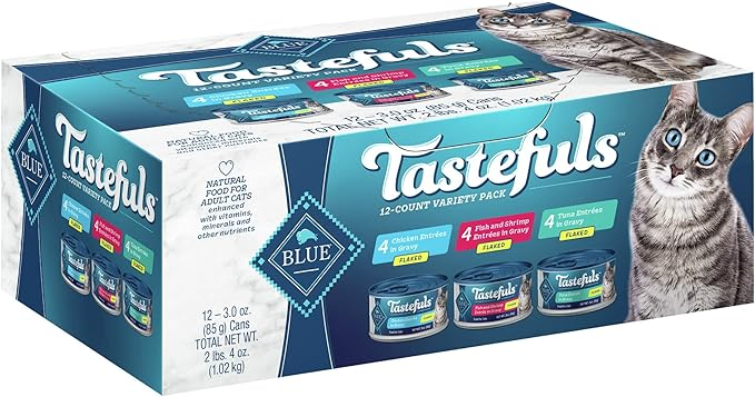 Blue Buffalo Tastefuls Flaked Wet Cat Food Variety Pack, Made with Natural Ingredients, Tuna, Chicken, Fish & Shrimp, 3-oz Cans (12 Count, 4 of Each)