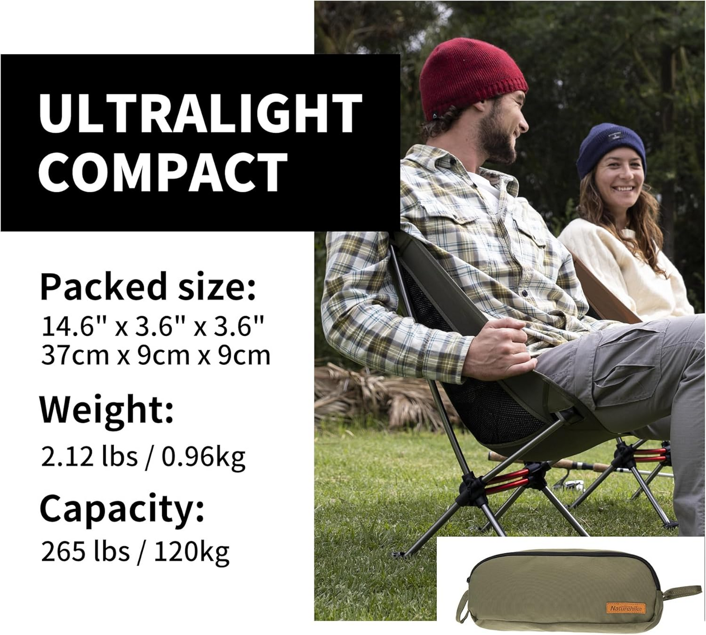 Naturehike YL08 Ultralight Camping Chair, 2.12 LBS Portable Backpacking Chair with Anti-Sinking Feet, Lightweight Compact Collapsible Camp Chair Folding Hiking Chair