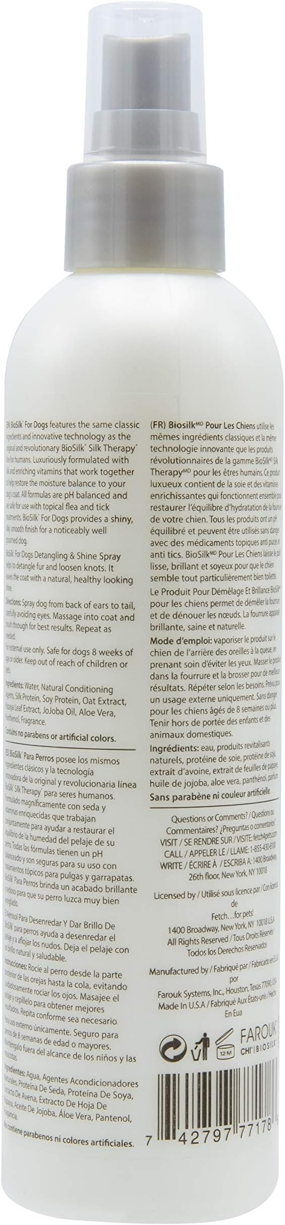 BioSilk for Dogs Silk Therapy Detangling Plus Shine Mist for Dogs | Best Detangling Spray for All Dogs & Puppies for Shiny Coats and Dematting | 8 Oz Bottle (Packaging May Vary),WHITE (Pack of 1)