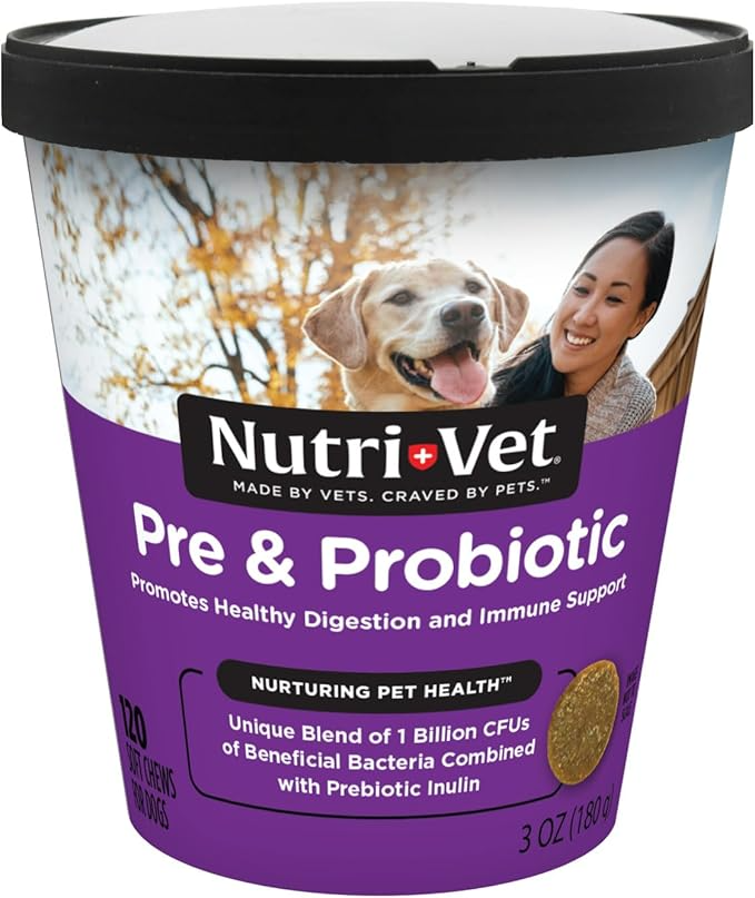 Nutri-Vet Pre & Probiotics for Dogs, Digestive Support, Upset Stomach, Puppy Probiotic, Pet Vitamins and Supplements, Dog Probiotics, Liver & Cheese Flavor, 120 Soft Chews