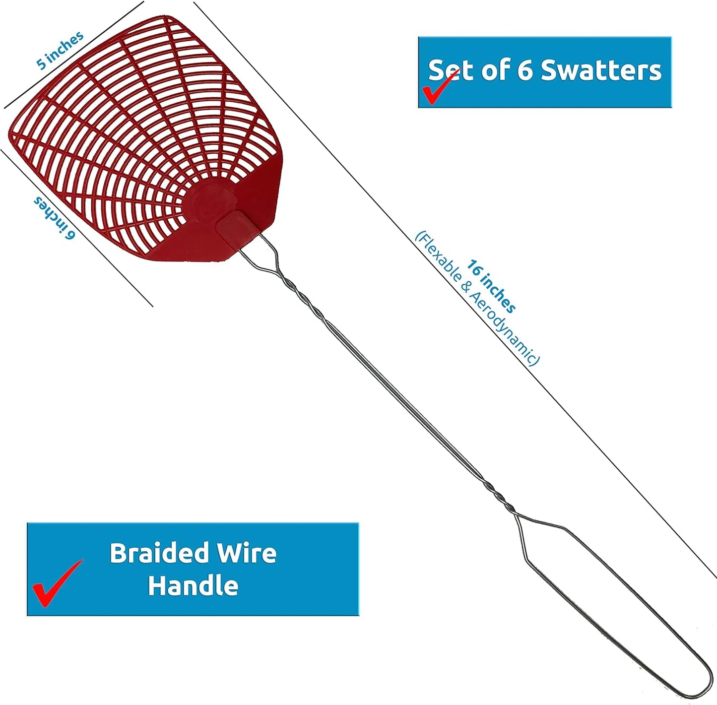 W4W, Bug & Fly Swatter Braided Metal Handle 6 Pack Fly Swatters Indoor/Outdoor flyswatter