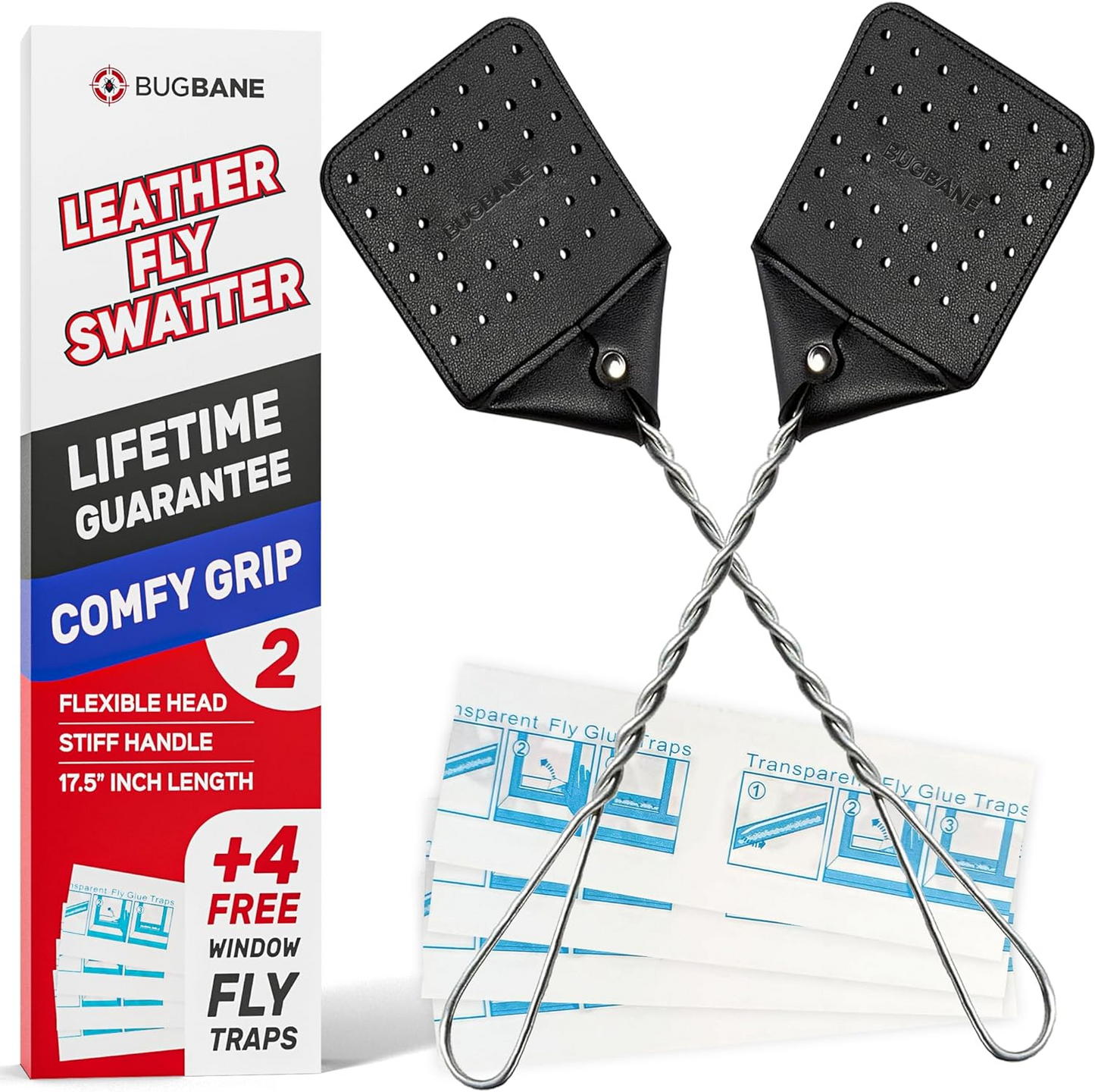 2 Leather Fly Swatter for Indoors. Long Handle, Heavy Duty Fly Swatter Manual Multi Pack. Flyswatters Heavy Duty Flyswatter 2 pack. Flies Swater Includes 4 Sticky Window Bug Traps. Mata Moscas Outdoor