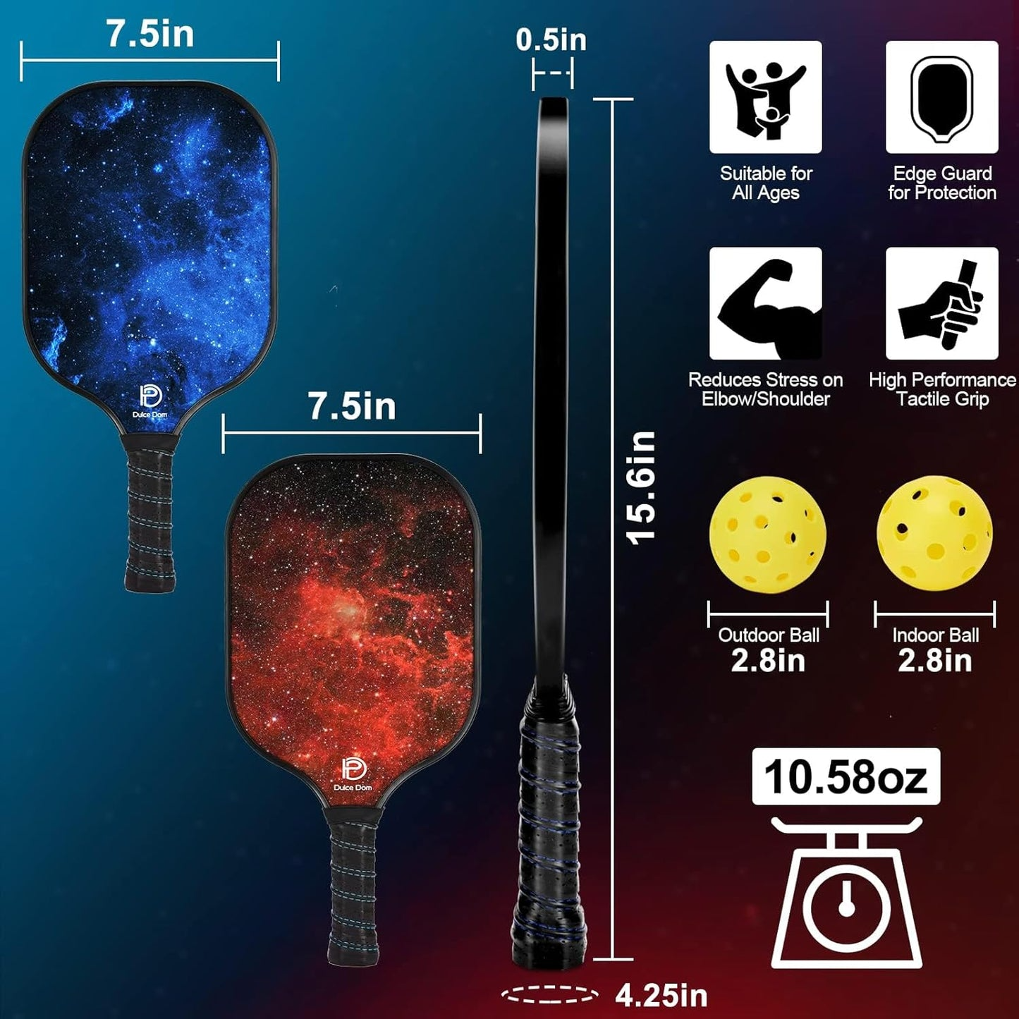 DULCE DOM Pickleball Paddles Set of 2/4 - USAPA Approved, Fiberglass/Carbon Fiber Pickleball Racket with 4 Indoor Outdoor Pickleball Balls and Pickleball Bag, Ideal Pickleball Training Equipment