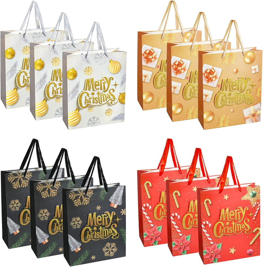12 Pcs Median Size Christmas Gift Paper Bags Bulk with handles,4 Design Styles Gift Bag for Wrapping Xmas Holiday Presents