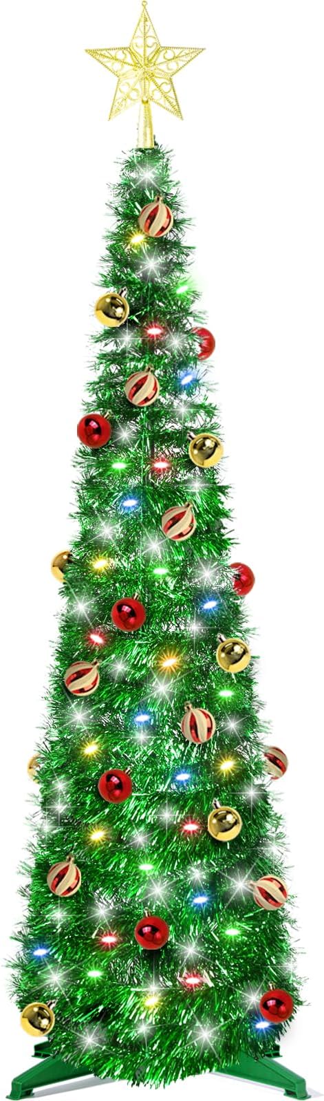 5 Ft Tinsel Christmas Tree with Timer 4 Modes 60 Warm White & Multi Color Change Lights 25 Ball Ornaments 3D Star Battery Operated Pop Up Artificial Tree Xmas Decoration Home Decor (Green)