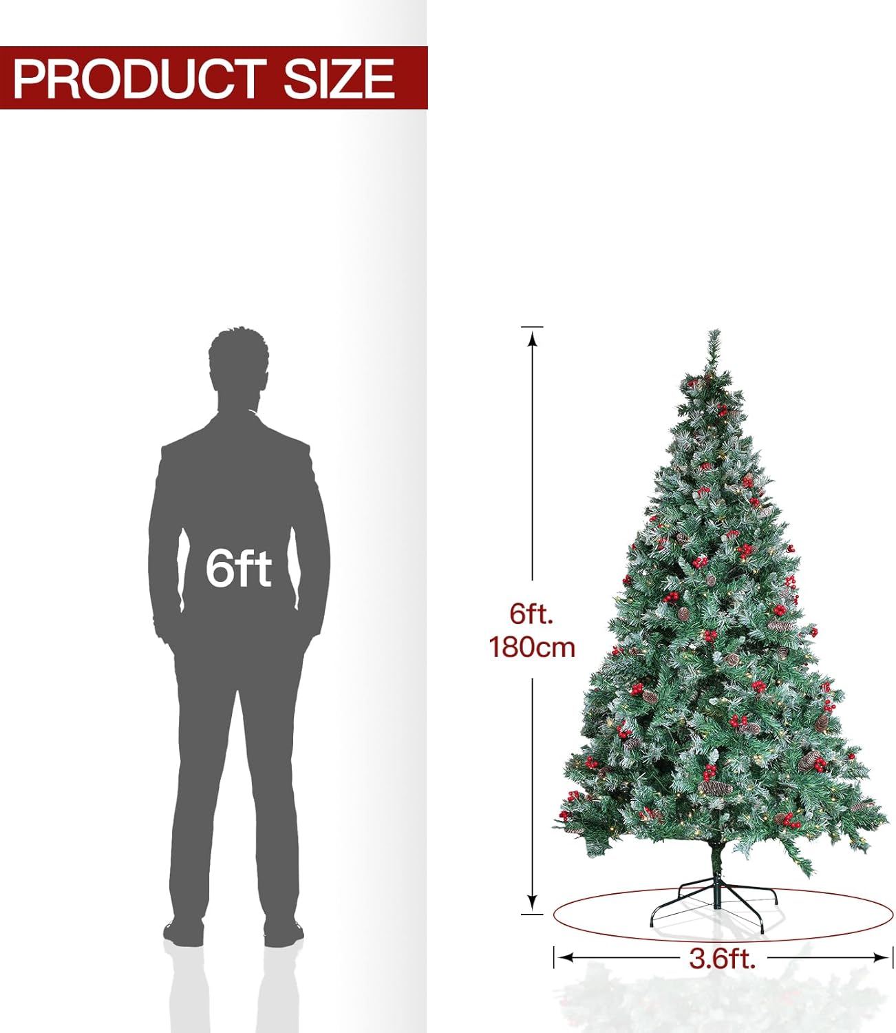 Christmas Tree with Lights 6ft - Premium Artificial Christmas Tree, with 874 Branch Tips and 250 Warm Lightsm, Support Automatique, Easy Assembly,Perfect Choice for Xmas Decorations