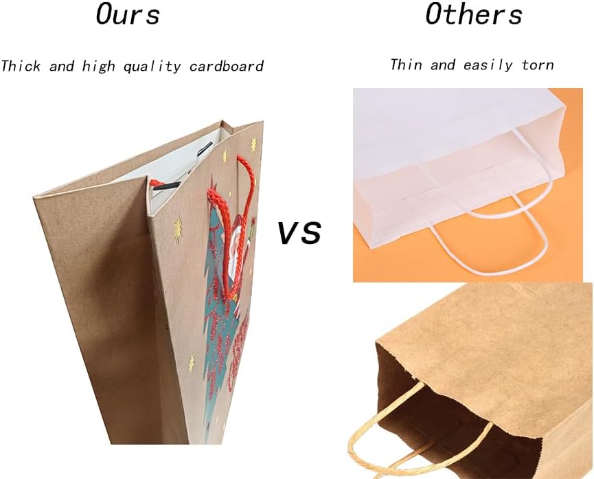 12 Pcs Median Size Christmas Gift Paper Bags Bulk with handles,4 Design Styles Gift Bag for Wrapping Xmas Holiday Presents
