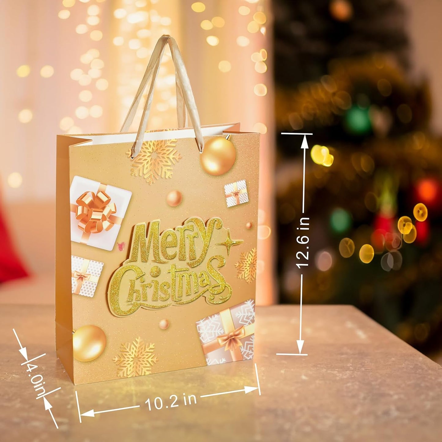 12 Pcs Median Size Christmas Gift Paper Bags Bulk with handles,4 Design Styles Gift Bag for Wrapping Xmas Holiday Presents