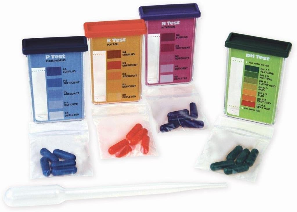 Rapitest Soil Test Kit for Gardens, Vegetables, Flowers and Lawns. USA designed and assembled soil tester completely, quickly and accurately measures/analyzes soil pH acidity and garden nutrients.