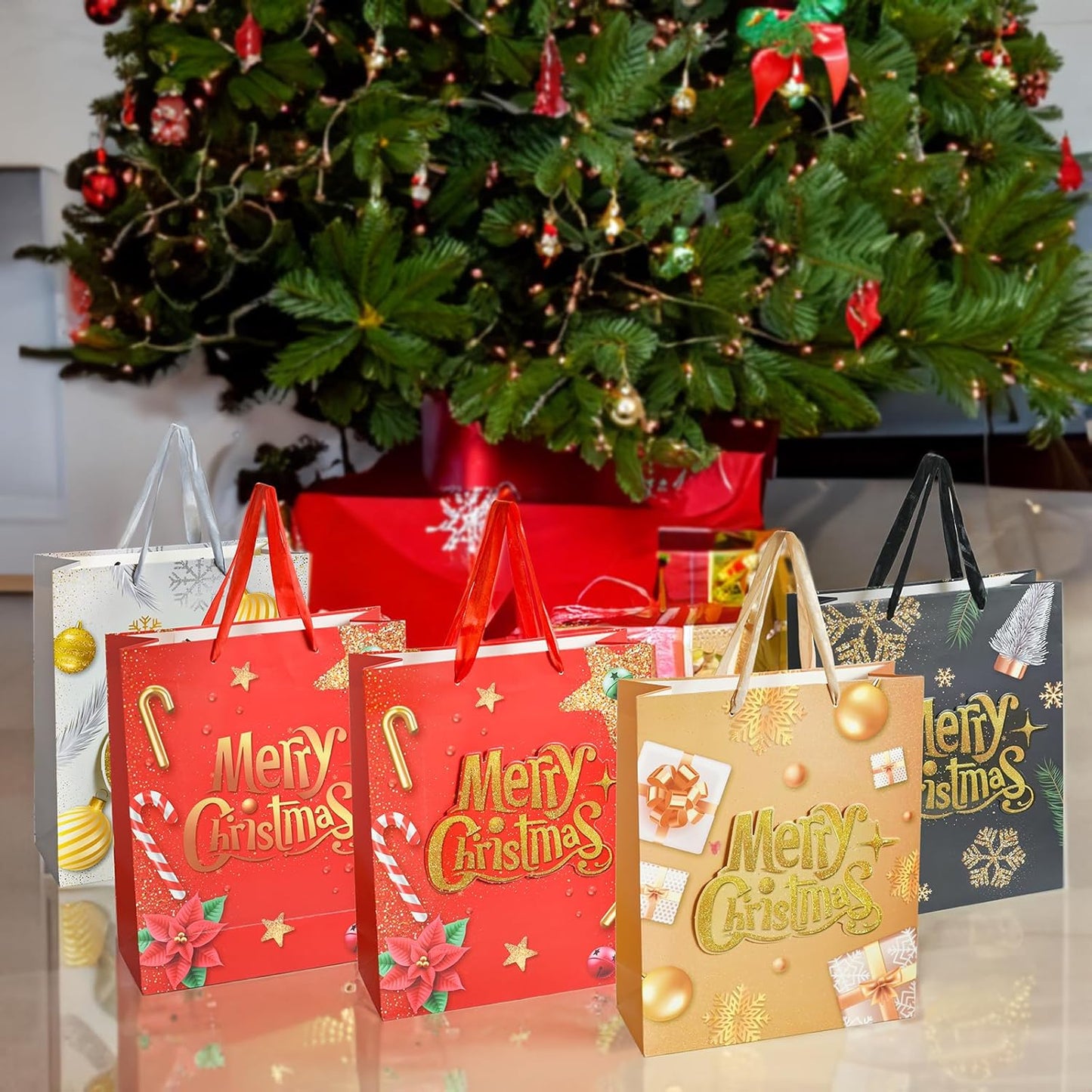 12 Pcs Median Size Christmas Gift Paper Bags Bulk with handles,4 Design Styles Gift Bag for Wrapping Xmas Holiday Presents