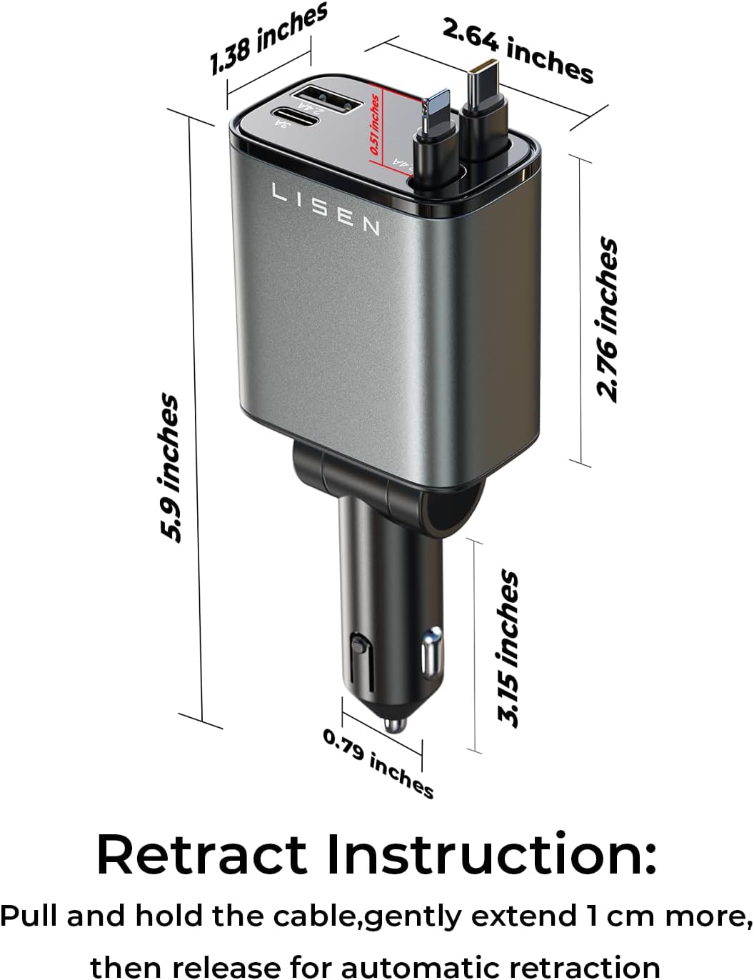 LISEN Retractable Car Charger, 69W USB C Car Accessories Adapter for iPhone 16 USB C Charger Fast Charging, Fathers Day for Gifts, Travel Essentials Gifts for Women Men, for iPhone 16 15 14 13 12