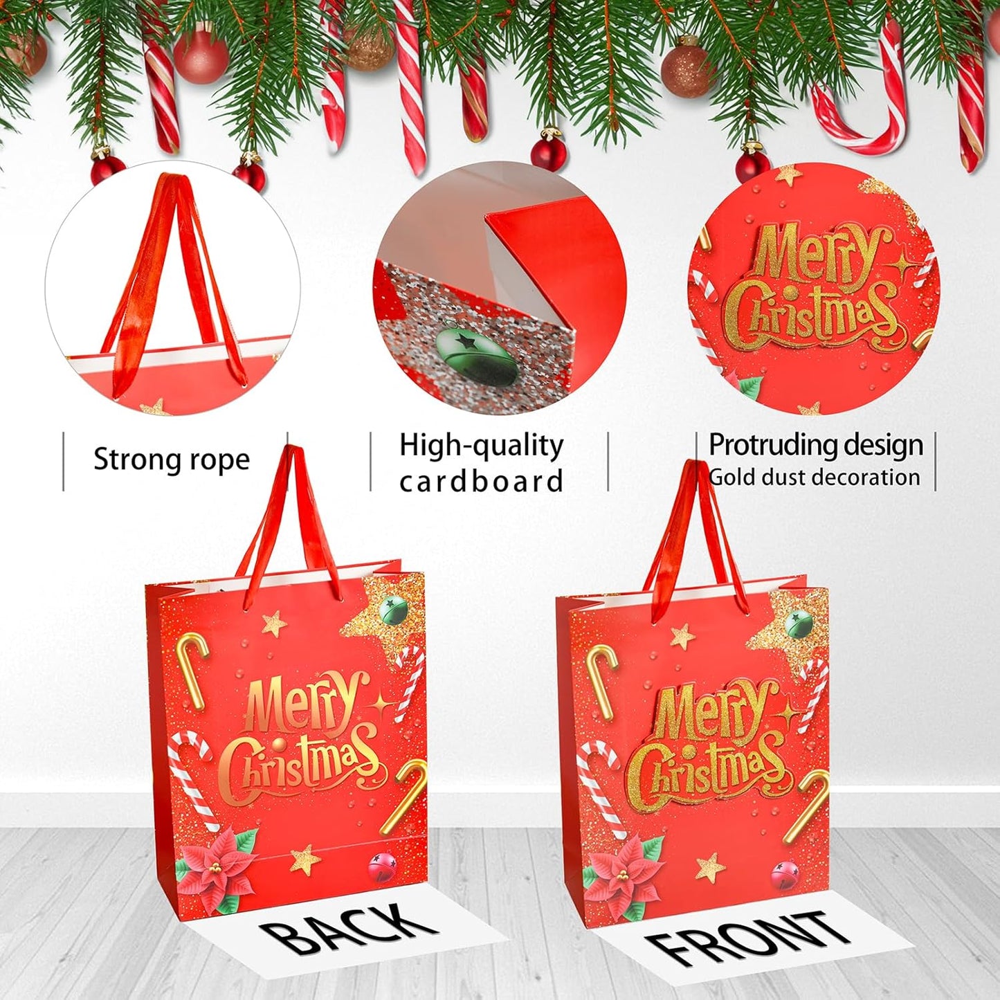 12 Pcs Median Size Christmas Gift Paper Bags Bulk with handles,4 Design Styles Gift Bag for Wrapping Xmas Holiday Presents