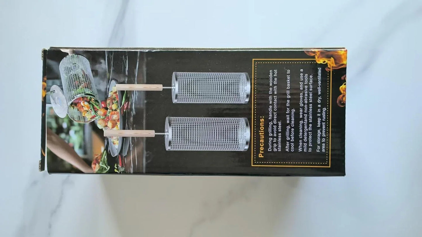 Nesting Grill Baskets (2PCS) with Removable Wooden Handle, Stainless Steel BBQ Tools