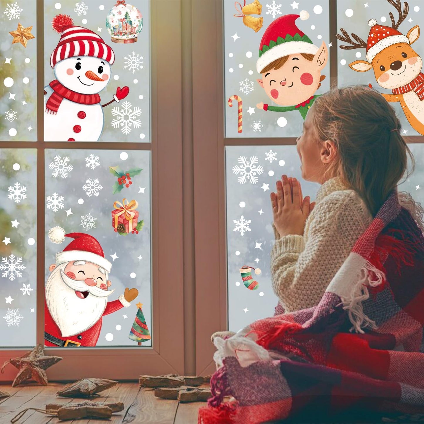 102PCS Christmas Window Stickers for Glass Windows,Double Sided Snowflakes Xmas Window Clings,Reusable Static Santa Claus Reindeer Snowman Christmas Decals,Winter & Holiday Decorations