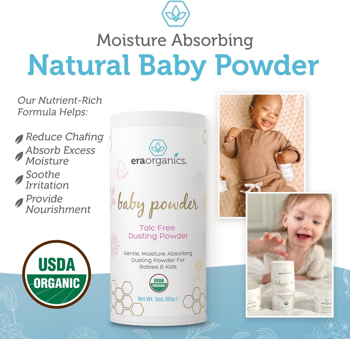 USDA Organic Baby Powder Talc-Free - Soothing Arrowroot, Calendula and Cornstarch for Newborn, Babies or Toddlers - Made in USA - 3oz/85g