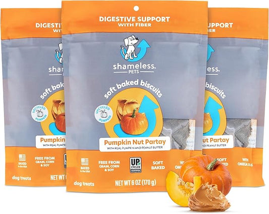 Shameless Pets Soft-Baked Pumpkin Nut Partay Dog Treats - Natural & Healthy Dog Chews for Digestive Support with Fiber - Baked & Made in USA, Grain, Corn & Soy Free - 3-Pack