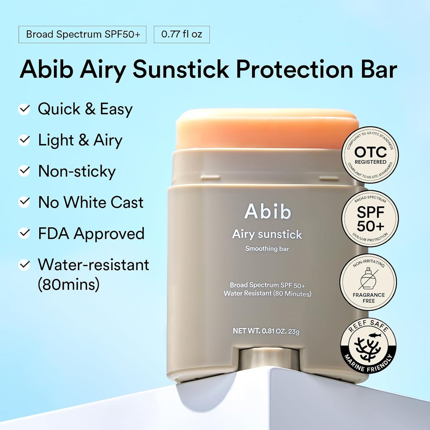 Abib Airy Sunstick SPF50+ 0.81oz | Korean Sunscreen Stick, No Whitecast, Water-Resistant