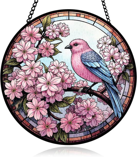Cherry Blossoms Stained Glass Window Hanging, Bird Suncatcher Panel for Indoor Outdoor, Cherry Blossoms Glass Ornament for Wall, Balcony Porch Decoration, Thoughtful Gifts for Boys Girls, Loves Ones