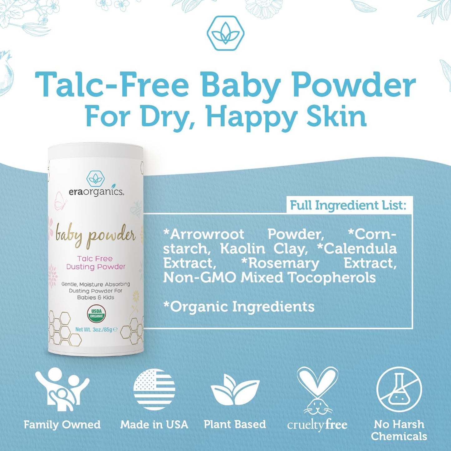 USDA Organic Baby Powder Talc-Free - Soothing Arrowroot, Calendula and Cornstarch for Newborn, Babies or Toddlers - Made in USA - 3oz/85g