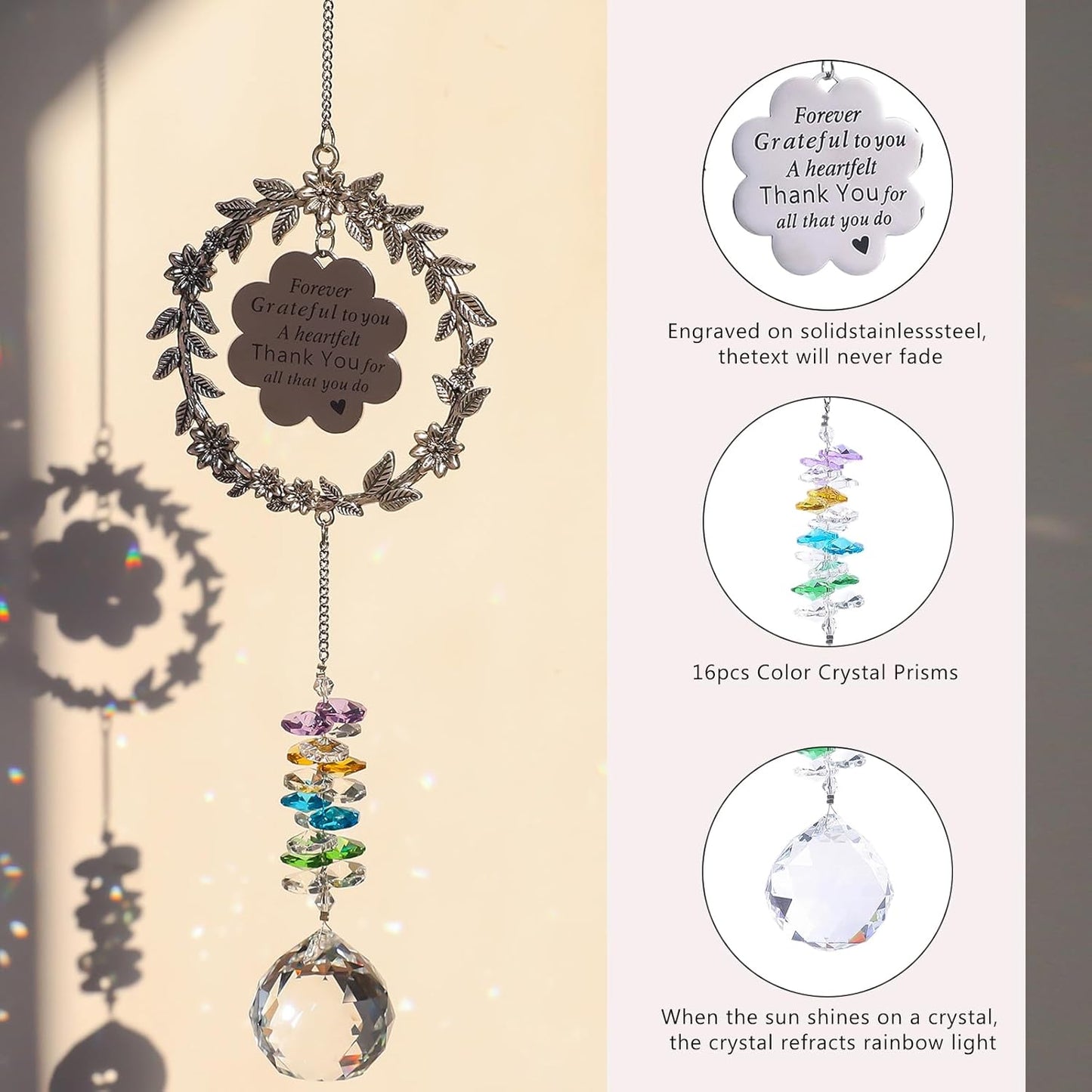 Hanging Crystal Sun Catcher, Thank You Gifts for Women, Sun Catcher Gift with Engraved Thank You Message for Window Rainbow Maker, Gratitude Gifts for Teachers, Friend, Family, Thanksgiving
