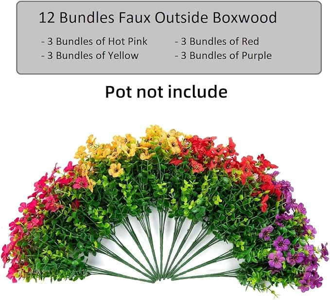 Artificial Flowers for Outdoor Indoor Garden Home Decoration, Faux Flower Daisy with Eucalyptus Leaves Fake Plants Greenery Boxwood Porch Patio, 12 Bundles (Mix Pink Red Purple Yellow)