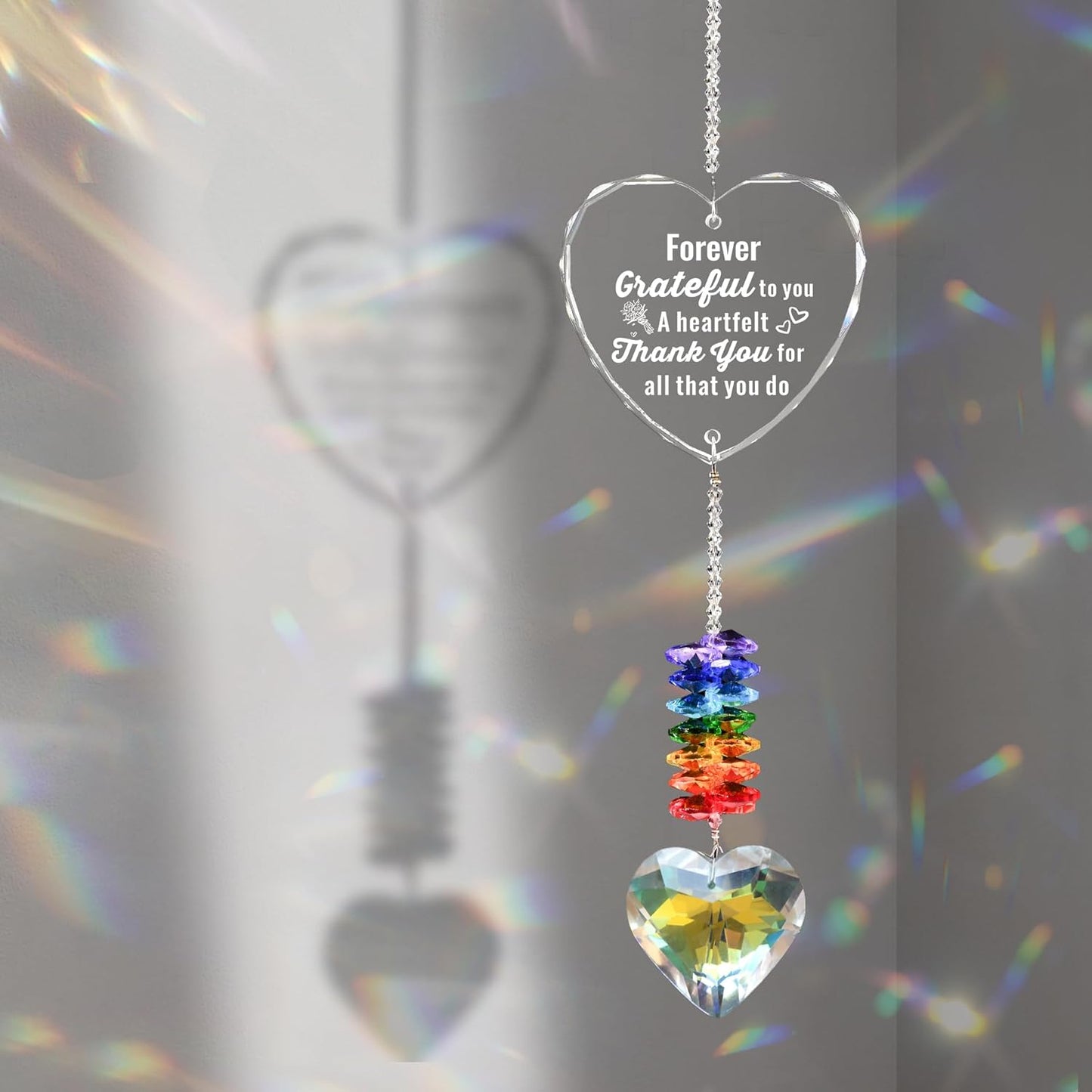 Crystal Heart Suncatcher with Engraved Thank You Message, Window Hanging Crystal Prism Sun Catcher Rainbow Maker, Appreciation Gratitude Gifts for Women Men Teacher Nurse Coworker