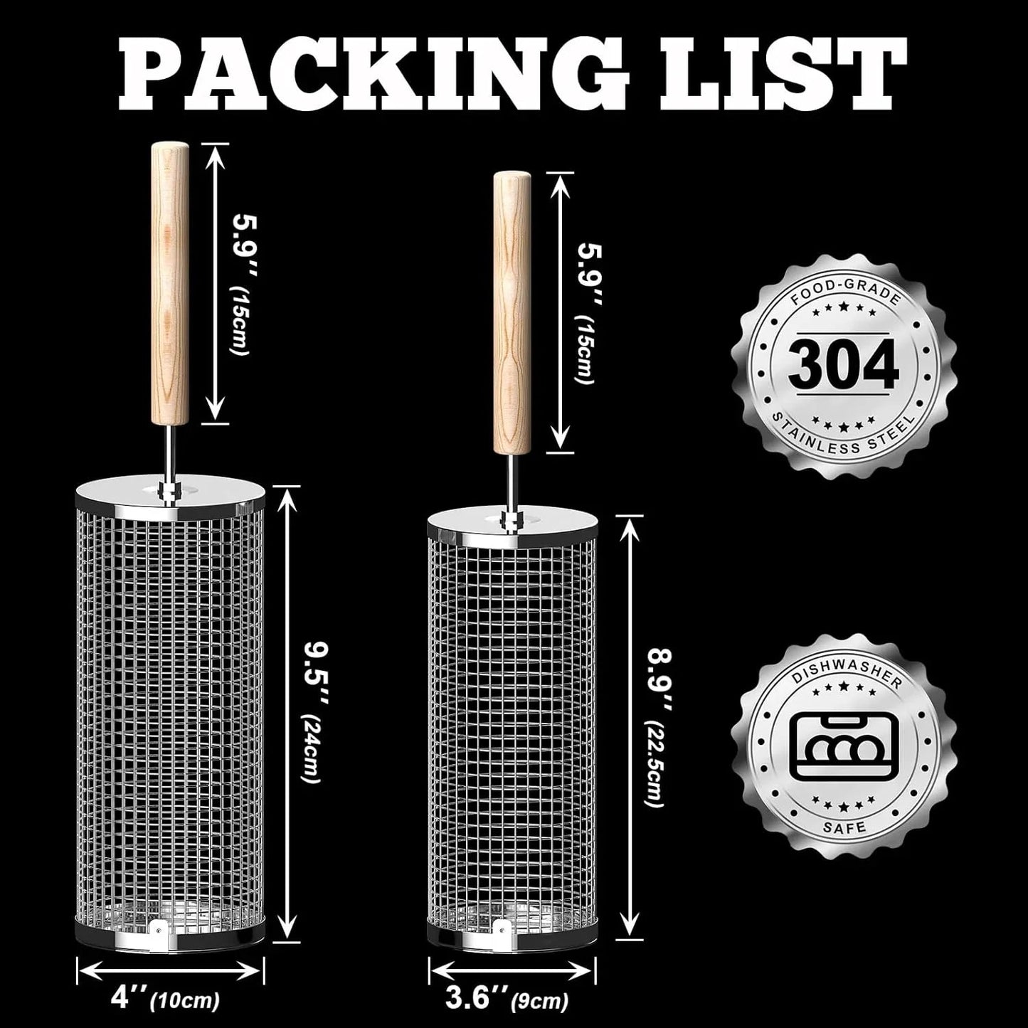 Nesting Grill Baskets (2PCS) with Removable Wooden Handle, Stainless Steel BBQ Tools