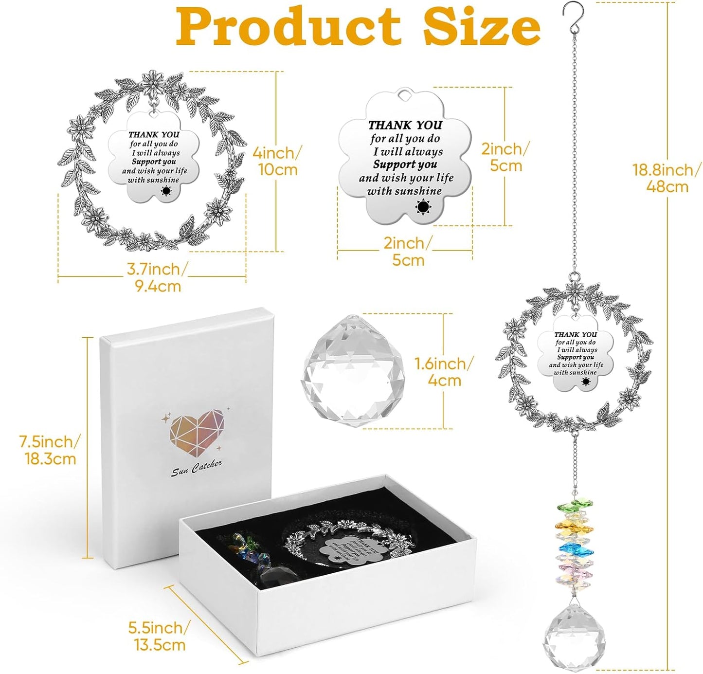 Thank You Gifts for Women Men, Sun Catcher Gift with Engraved Grateful Message, Hanging Crystal Suncatcher Ornament for Window Rainbow Maker, for Sister Friend Family Teacher