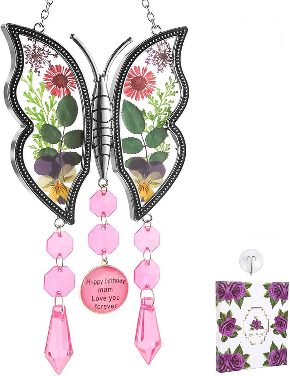 Gifts for Mom I Love You Mom Mother's Day Birthday Gift Butterfly Suncatcher Real Flower Glass Metal Beautifully Handcrafted to Capture The Beauty of Nature