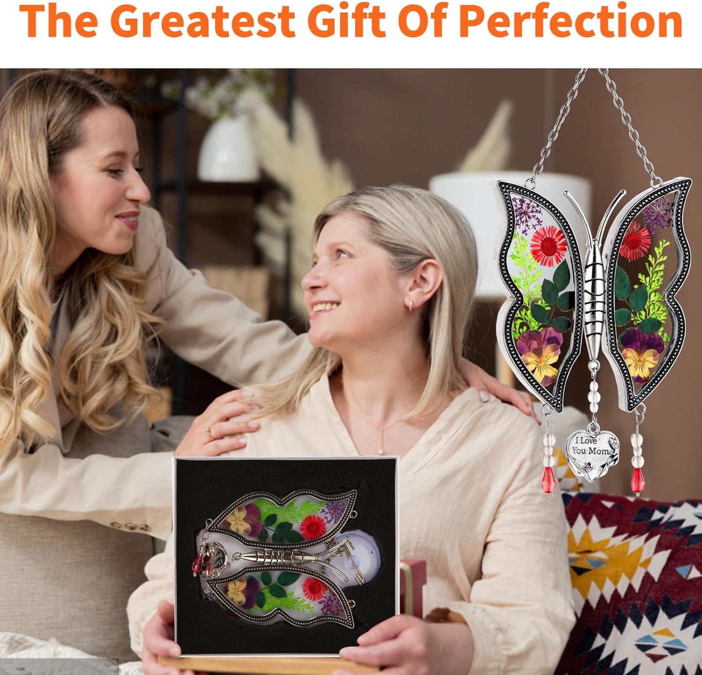 Gifts for Mom I Love You Mom Mother's Day Birthday Gift Butterfly Suncatcher Real Flower Glass Metal Beautifully Handcrafted to Capture The Beauty of Nature